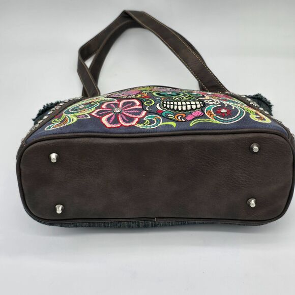 Montana West Denim Vegan Leather Sugar Skull Bag Embroidered Studded - Picture 4 of 5